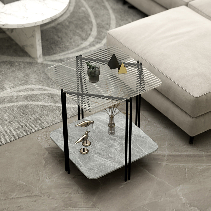 Glass Square 4 Legs Side Table 23.6" Tall End Table with Storage Shelf