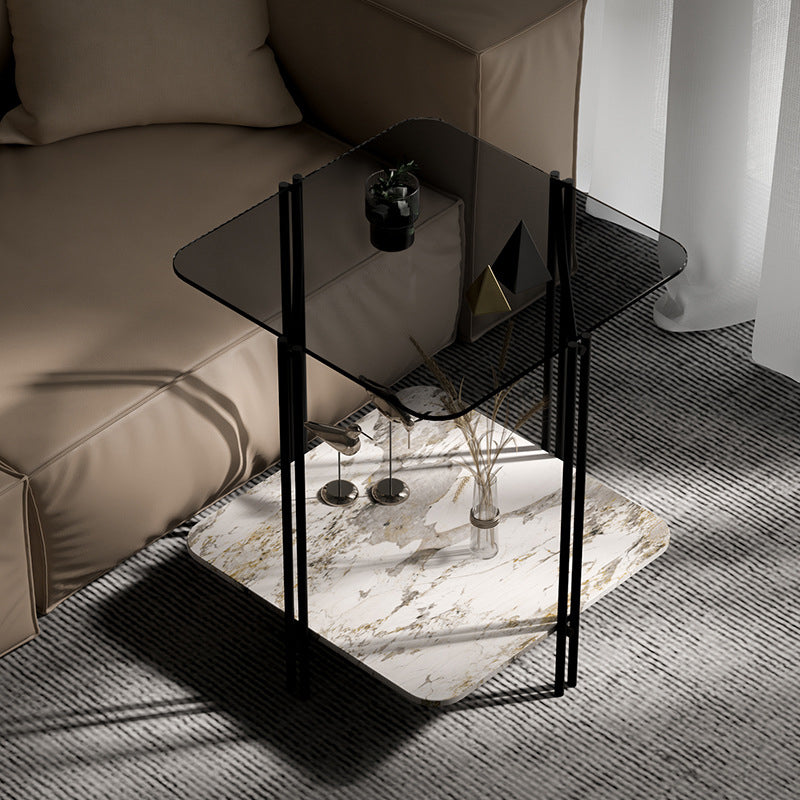 Glass Square 4 Legs Side Table 23.6" Tall End Table with Storage Shelf