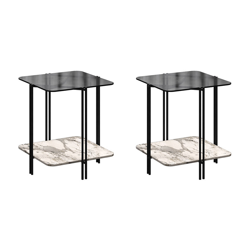 Glass Square 4 Legs Side Table 23.6" Tall End Table with Storage Shelf