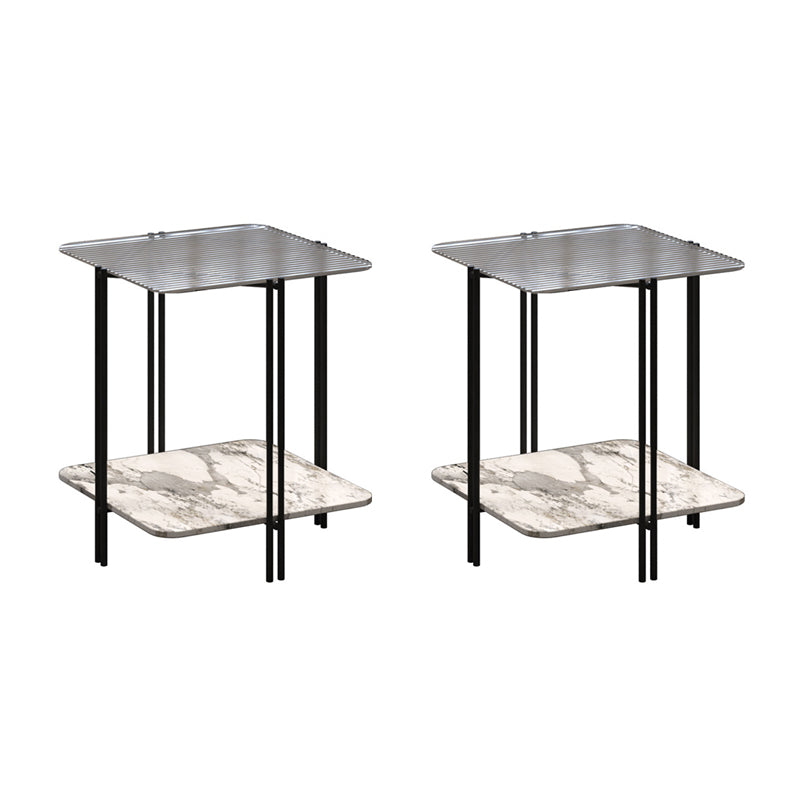 Glass Square 4 Legs Side Table 23.6" Tall End Table with Storage Shelf
