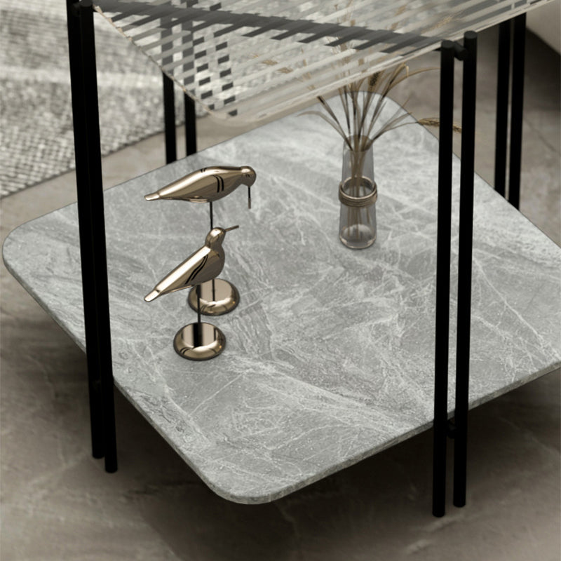 Glass Square 4 Legs Side Table 23.6" Tall End Table with Storage Shelf