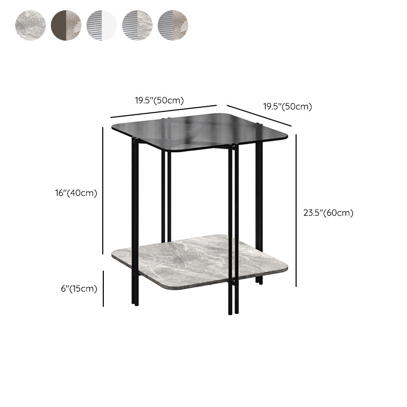 Glass Square 4 Legs Side Table 23.6" Tall End Table with Storage Shelf