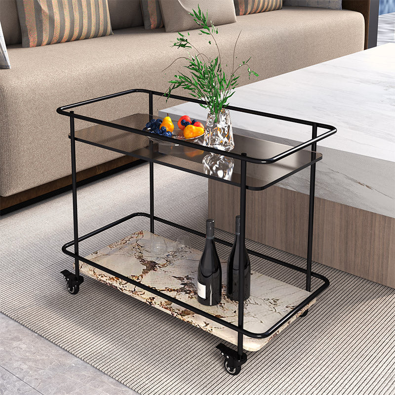 Modern Glass Top End Table with Casters Rectangular 25.6" W Shelf Included Side Table