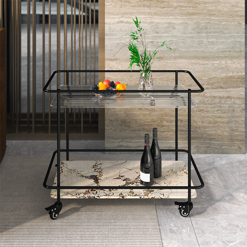 Modern Glass Top End Table with Casters Rectangular 25.6" W Shelf Included Side Table