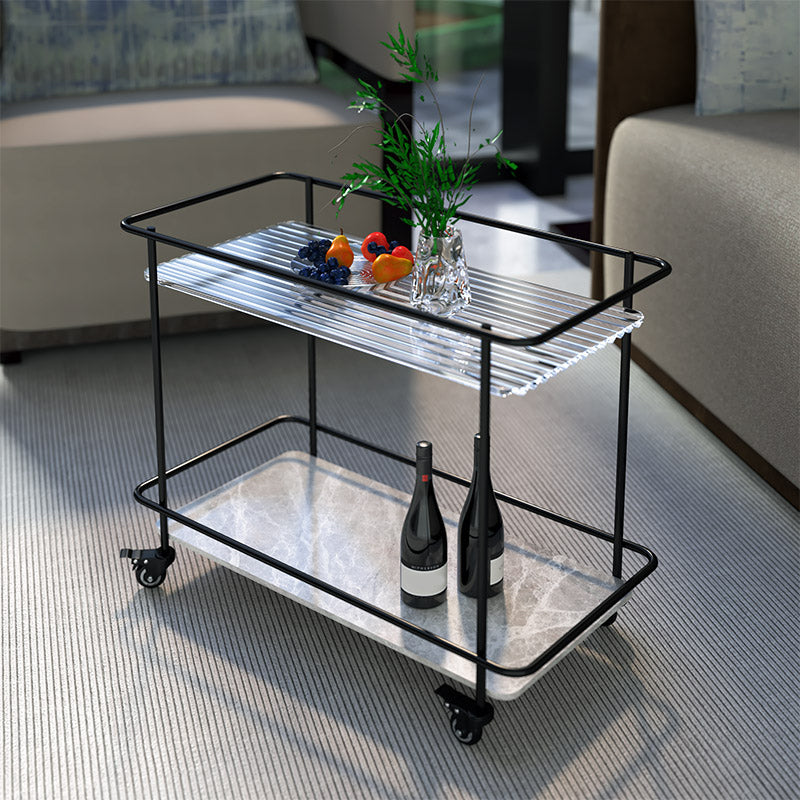 Modern Glass Top End Table with Casters Rectangular 25.6" W Shelf Included Side Table