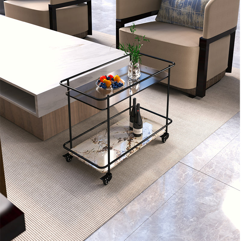 Modern Glass Top End Table with Casters Rectangular 25.6" W Shelf Included Side Table
