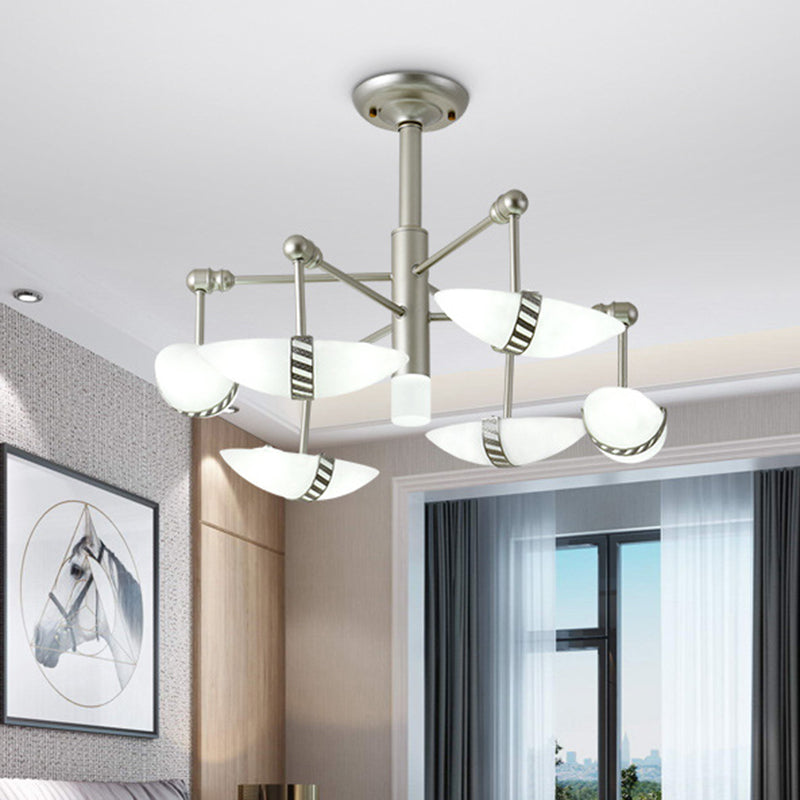 Lampadario contemporaneo a ciondolo a sospensione a pendente a 6 luci in nichel con sushi Opal Glass Shade