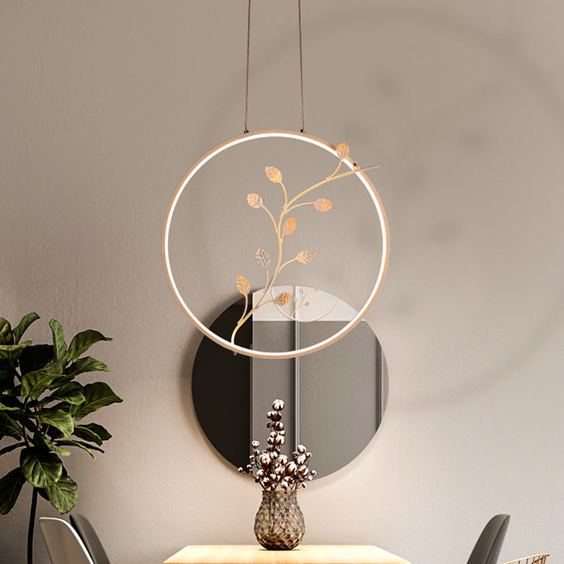 Anneau en acrylique suspendu à lampe à suspension blanche à LED minimaliste avec déco de branche en lumière chaude / blanche
