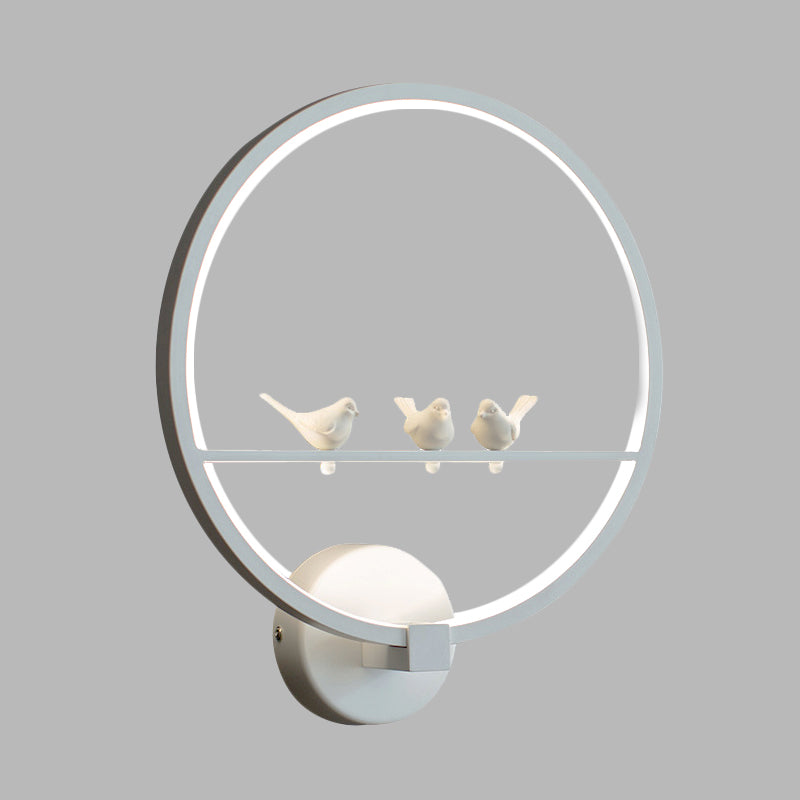 White Circle Sconce Lighting Modern LED Acrylic Wall Mount Lamp with Birds Deco for Bedroom