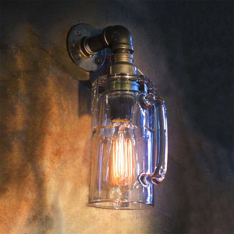 Glass Beer Mug Wall Lighting Antique Stylish 1 Light Hallway Wall Mount Light with Water Pipe in Bronze/Black