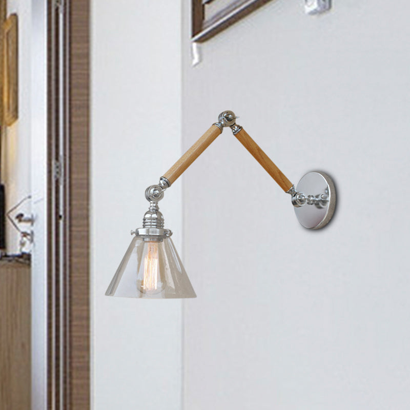 Cono Bedside Shond Lightsing Fixture Vintage Glass Clear Glass 1 Lámpara de pared cromada de luz, 8 "+8"/6 "+6"/8 "+4" Brazo de madera