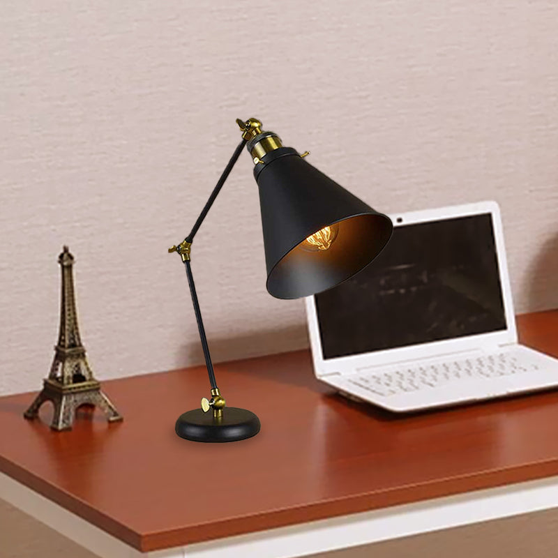 Industrial Stylish Conical Reading Light 1 Light Metallic Flexible Desk Lamp in Black for Study Room