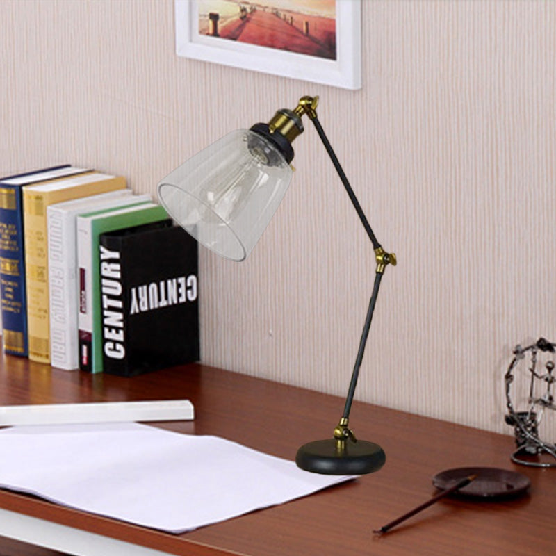 Black One Light Desk Lighting Industrial Clear Glass Tapered Reading Lamp with Swing Arm