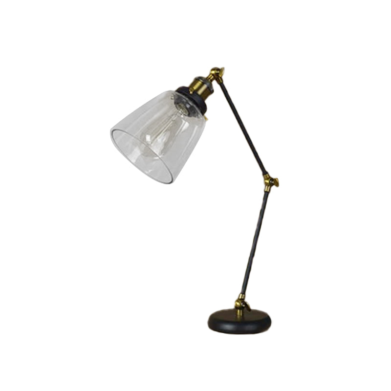 Black One Light Desk Lighting Industrial Clear Glass Tapered Reading Lamp with Swing Arm