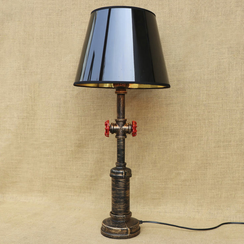 Industrial Style Pipe Table Light with Tapered Shade and Valve 1 Light Table Lamp in Black for Indoor