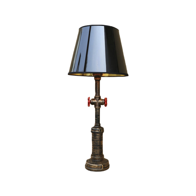 Industrial Style Pipe Table Light with Tapered Shade and Valve 1 Light Table Lamp in Black for Indoor