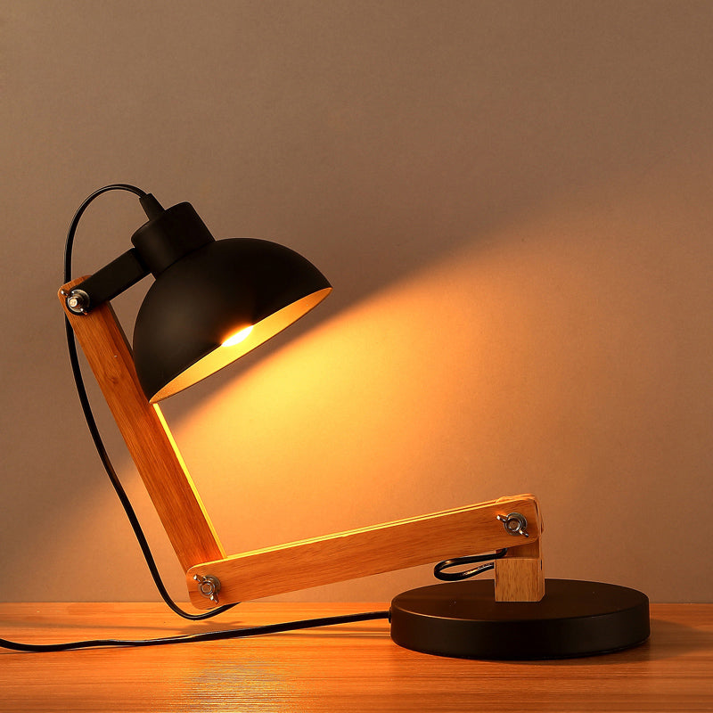 Sala de estudio abovedada lectura de luz de estilo loft metal 1 lámpara de escritorio ajustable en negro/blanco con brazo de madera