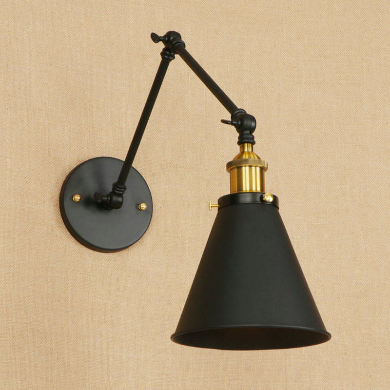 Swing Arm Indoor Wall Lighting with Conic Shade Retro Metal 1 Light Black Wall Mount Light