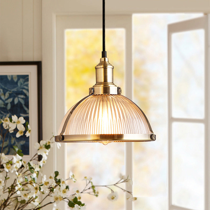 Antique Brass/Chrome Dome Ceiling Light Industrial Ribbed Glass Single Light Dining Room Pendant Lighting Fixture