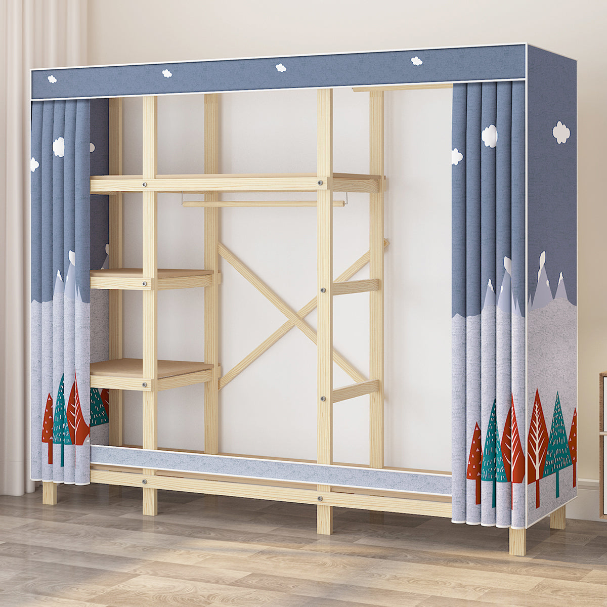 Contemporary Style Wardrobe Pine Solid Wood 1-Door Wardrobe Closet for Bedroom