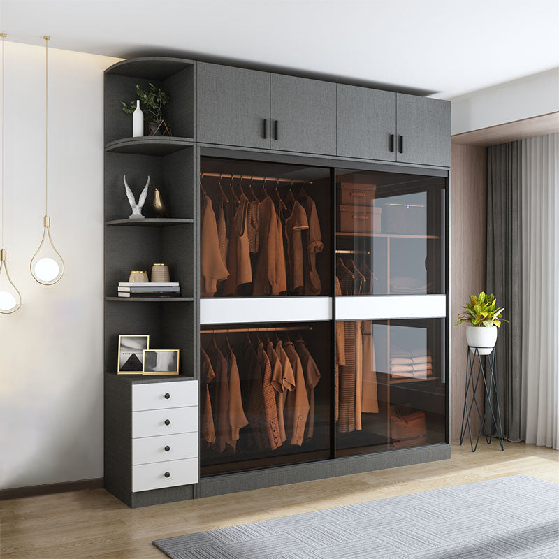 Modern Style Glass Wardrobe Gray Colour Wardrobe Closet with Sliding Door