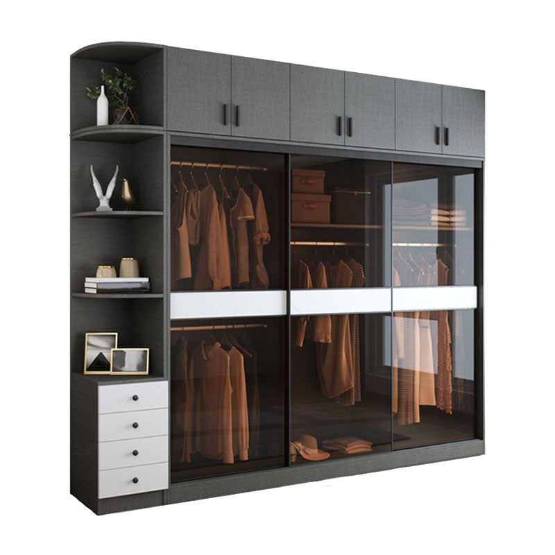 Modern Style Glass Wardrobe Gray Colour Wardrobe Closet with Sliding Door