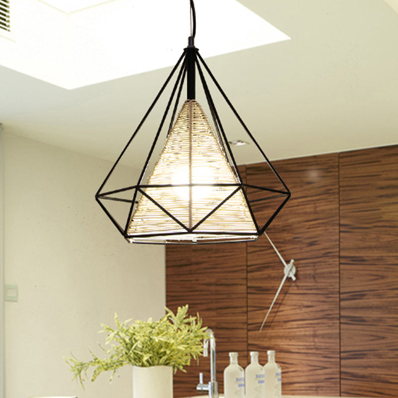 15 "/18" /19.5 "Costán colgante de ratán de diamante de ancho moderno 1 luz de techo colgante de color beige para la isla de cocina