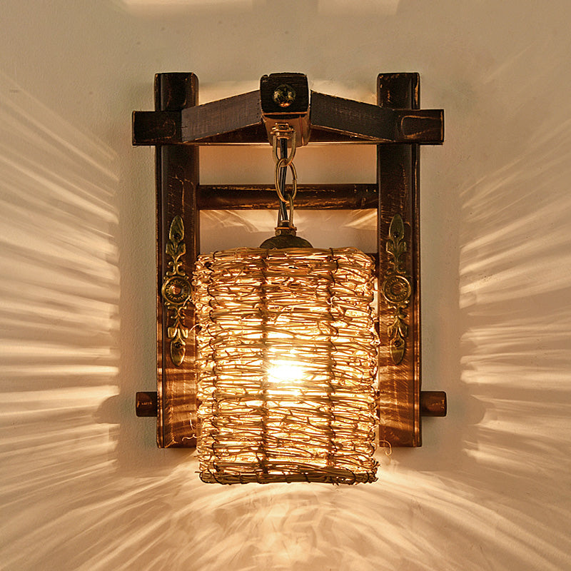 Luz de pared de ratán tejida a mano estilo Lode de aplanque marrón de 1 cabeza para la cabecera para la cama, A/B