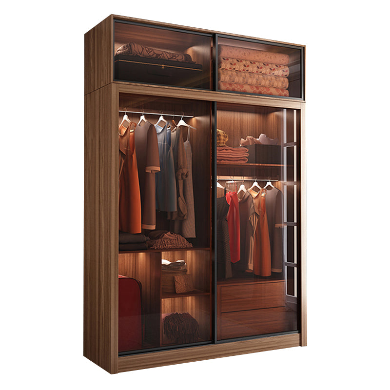Bedroom Sliding Door Wardrobe Modern Brown Cabinet with Glass Doors