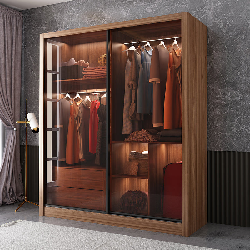 Bedroom Sliding Door Wardrobe Modern Brown Cabinet with Glass Doors