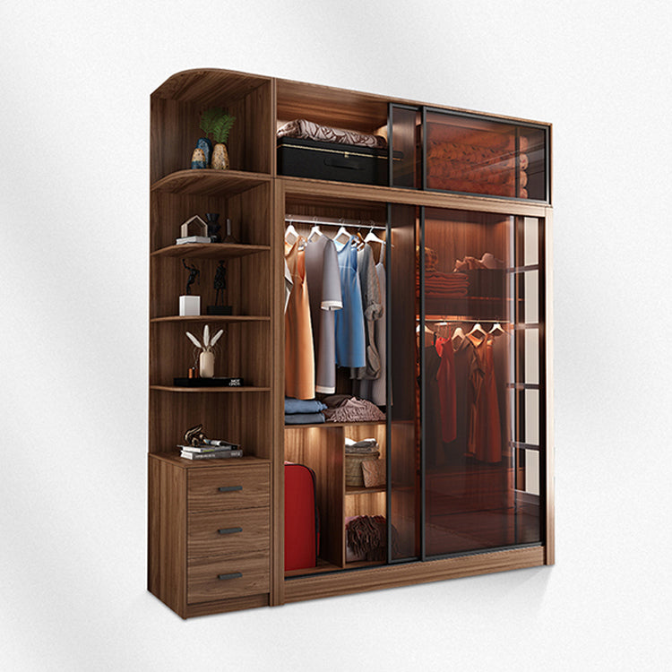 Bedroom Sliding Door Wardrobe Modern Brown Cabinet with Glass Doors