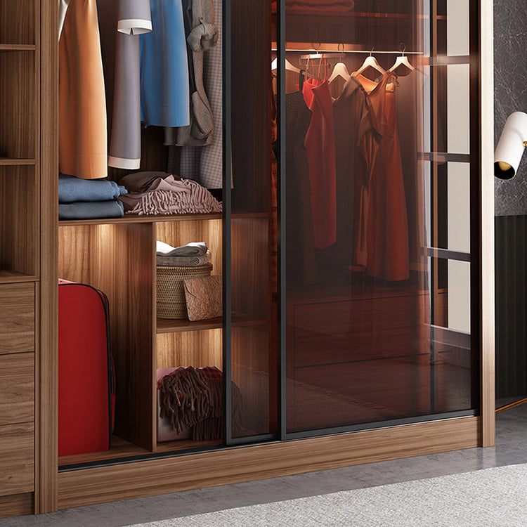 Bedroom Sliding Door Wardrobe Modern Brown Cabinet with Glass Doors
