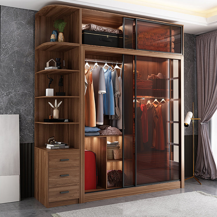 Bedroom Sliding Door Wardrobe Modern Brown Cabinet with Glass Doors