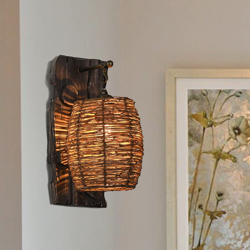 Luz de pared de ratán tejida a mano estilo Lode de aplanque marrón de 1 cabeza para la cabecera para la cama, A/B