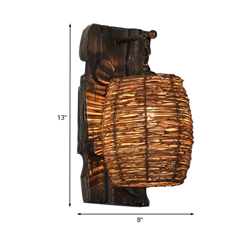 Luz de pared de ratán tejida a mano estilo Lode de aplanque marrón de 1 cabeza para la cabecera para la cama, A/B