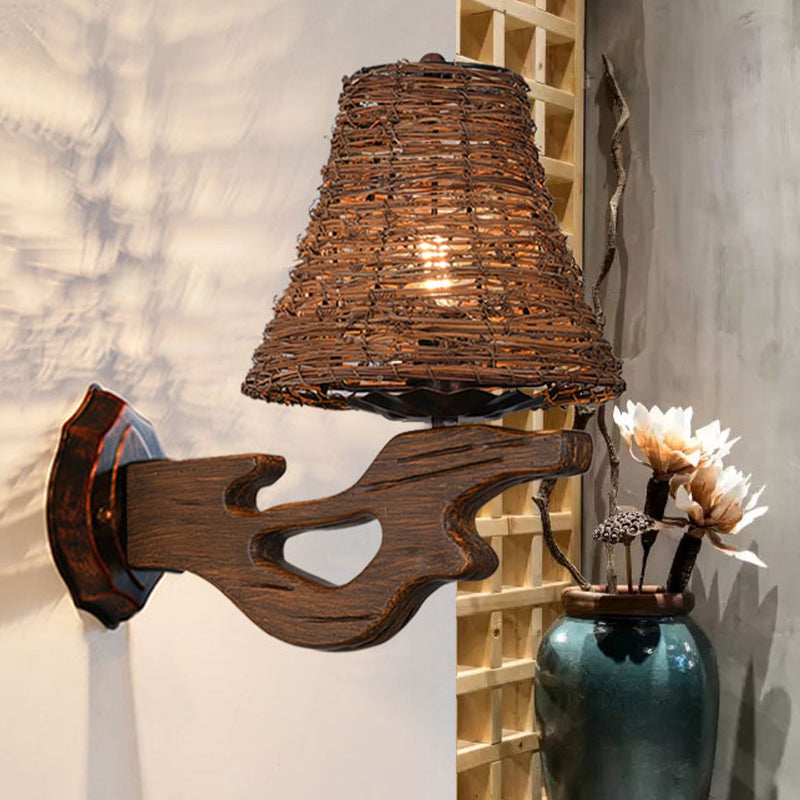 Luz de pared de ratán tejida a mano estilo Lode de aplanque marrón de 1 cabeza para la cabecera para la cama, A/B