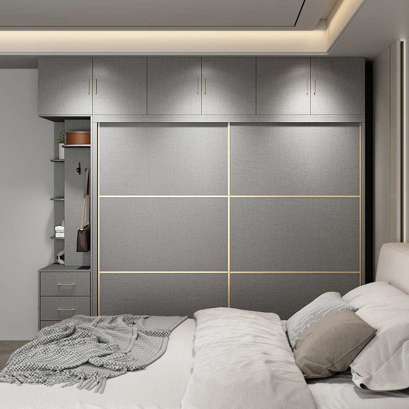 Contemporary Style Gray Colour Wardrobe Wooden Cloth Rod Included Wardrobe Closet