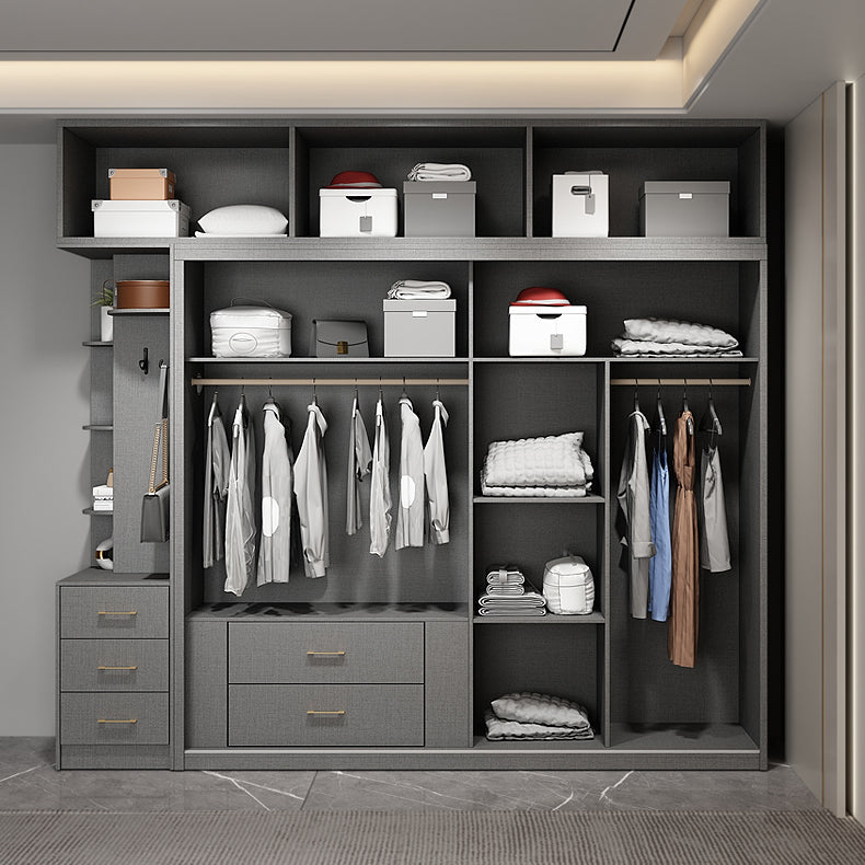 Contemporary Style Gray Colour Wardrobe Wooden Cloth Rod Included Wardrobe Closet