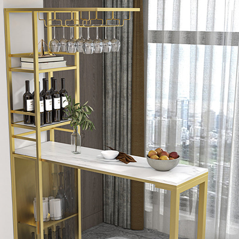 Double Pedestal Pub Table Rectangle Glam Bar Table with Wine Rack