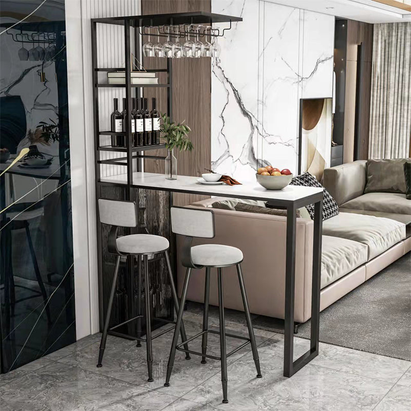 Double Pedestal Pub Table Rectangle Glam Bar Table with Wine Rack