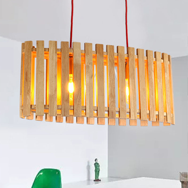 Bamboo Linear Island Lighting with Oval Shade Asian Stylish 2-Light Wood Pendant Lamp over Dining Table