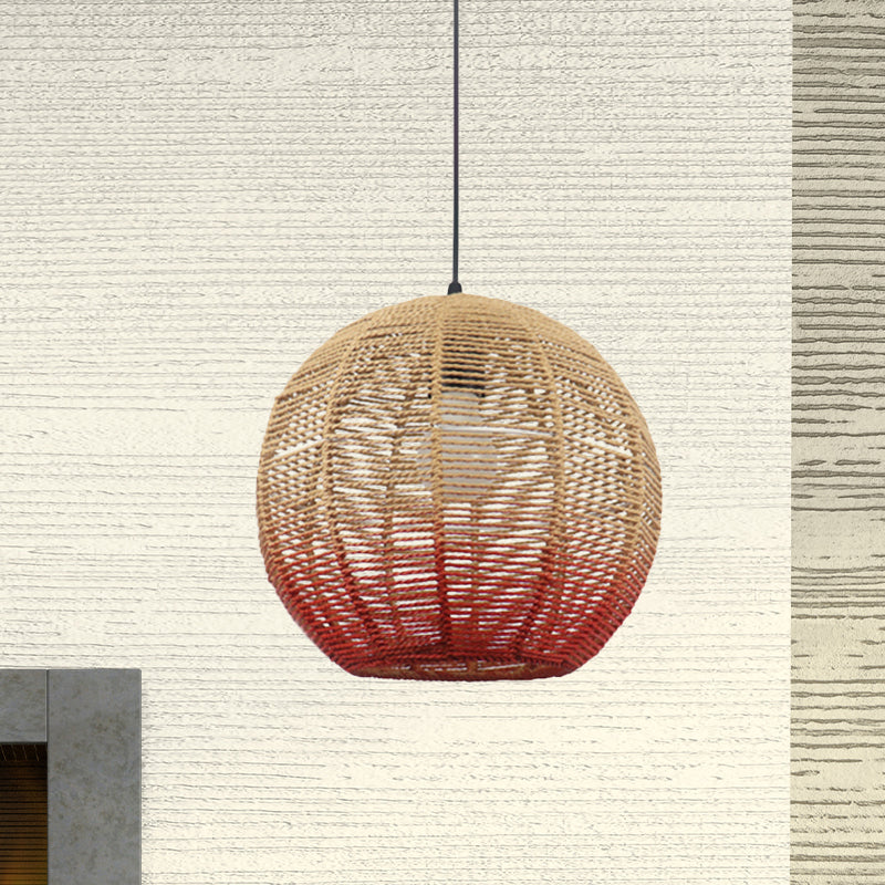 Globe/Elliptical/Barrel/Dome Pendant Lamp Chinese Straw Rope 1 Bulb Red/Blue Hanging Light for Bedroom Restaurant