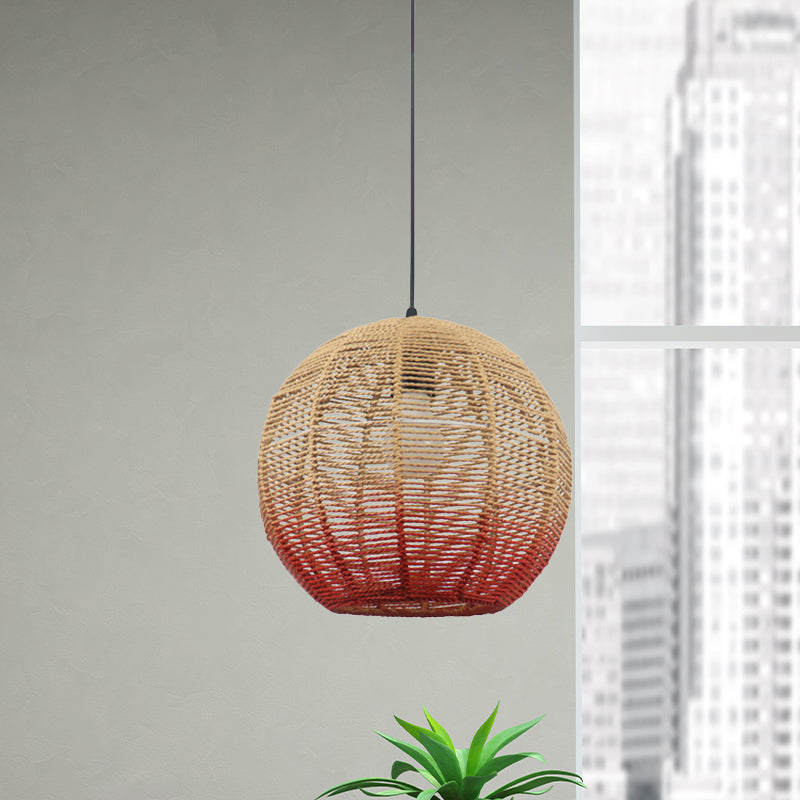 Globe/Elliptical/Barrel/Dome Pendant Lamp Chinese Straw Rope 1 Bulb Red/Blue Hanging Light for Bedroom Restaurant