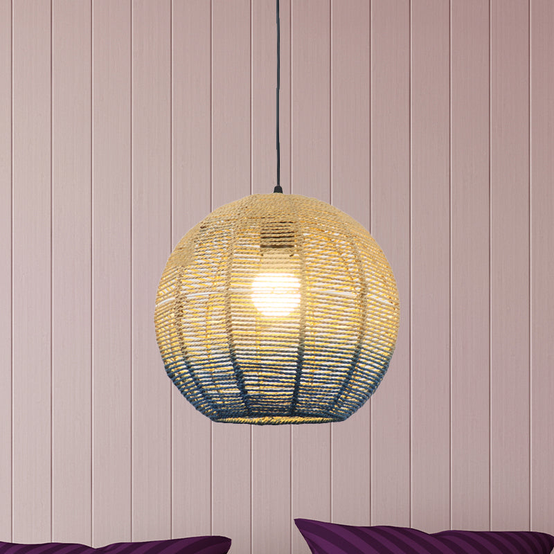 Globe/Elliptical/Barrel/Dome Pendant Lamp Chinese Straw Rope 1 Bulb Red/Blue Hanging Light for Bedroom Restaurant