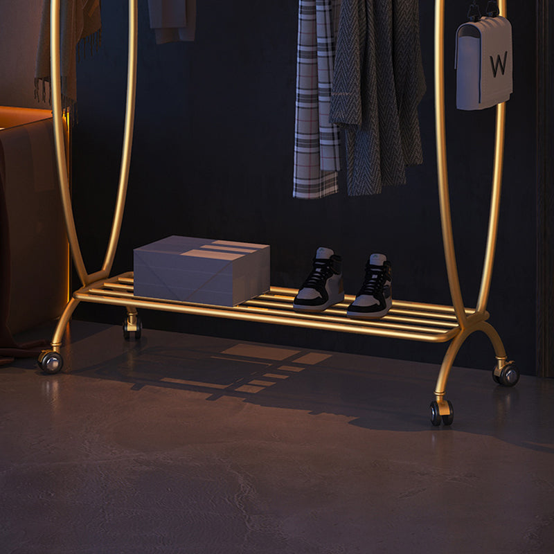 Modern Hanger Free Standing Golden Metal Coat Rack with Storage Shelves