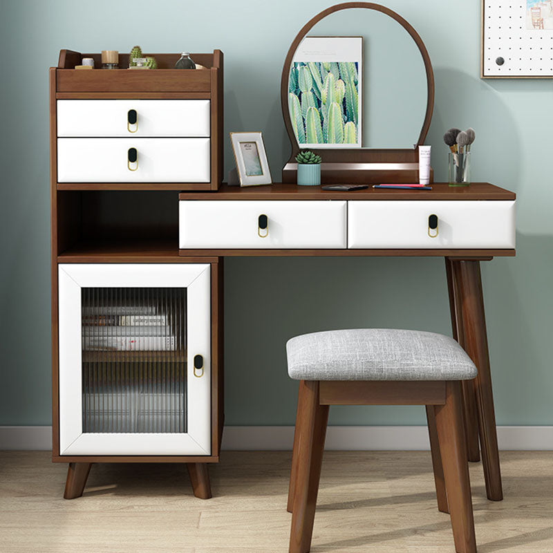 Wood Vanity Set with Stool and Mirror 4 Drawers Dresser Modern Style