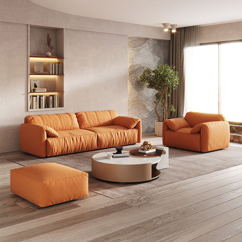 Contemporary Pillow Top Arm Settee Orange Faux Leather Sofa for Living Room