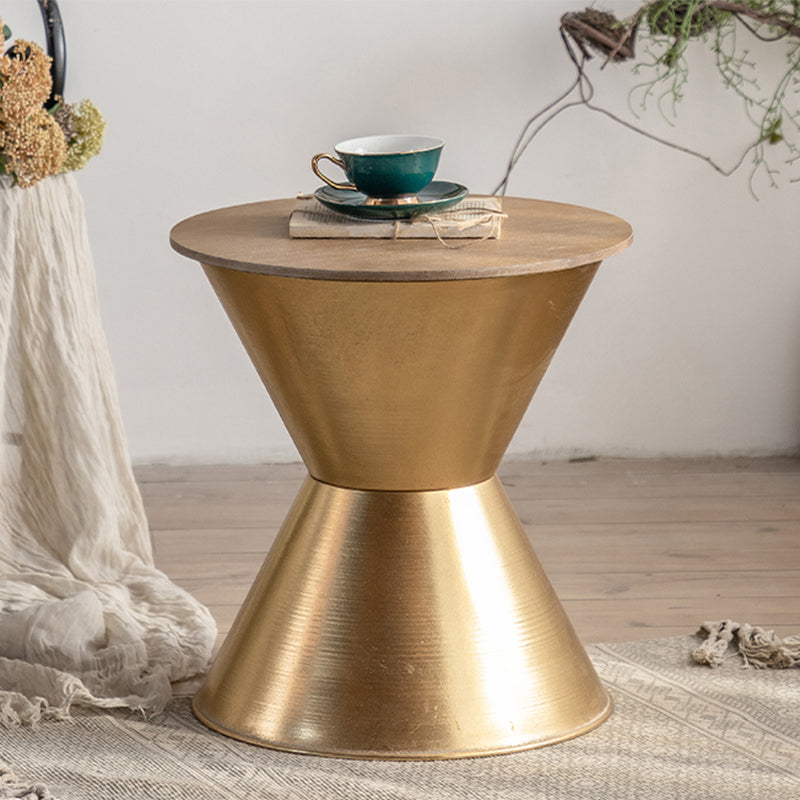 Round Solid Wood Top Coffee Table Iron Pedestal Cocktail Table