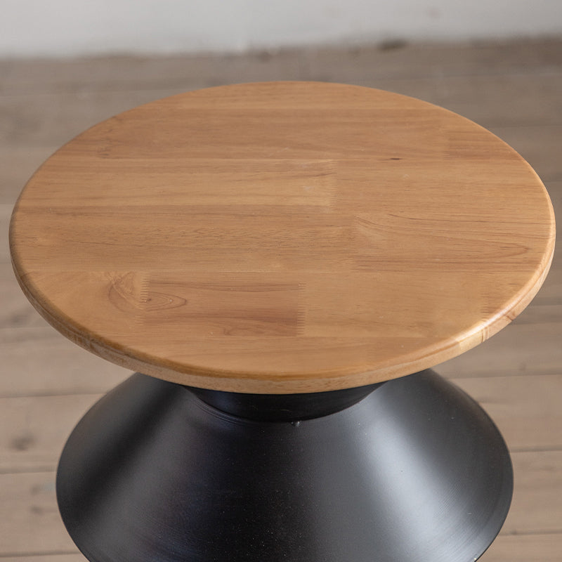 Round Solid Wood Top Coffee Table Iron Pedestal Cocktail Table