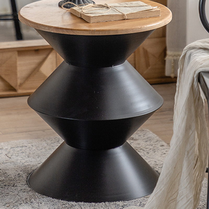 Round Solid Wood Top Coffee Table Iron Pedestal Cocktail Table
